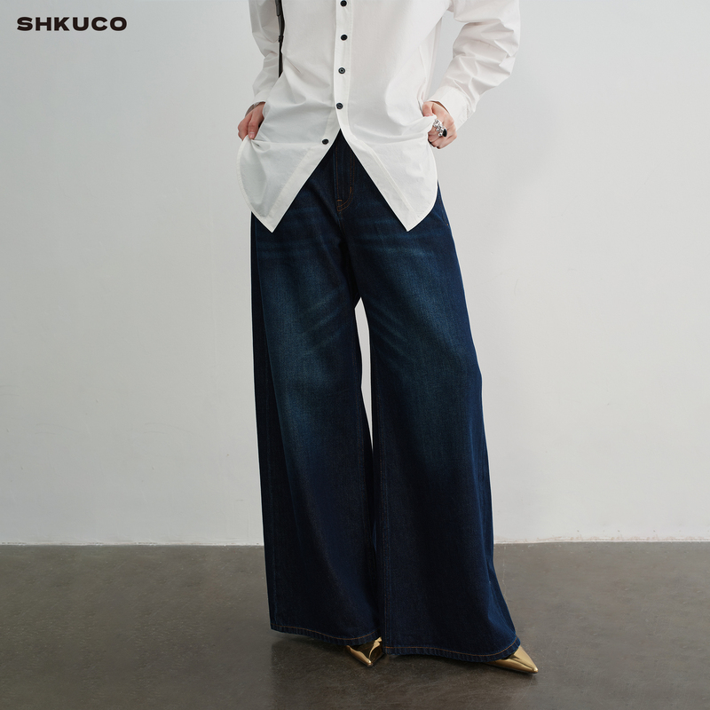 Shkuco Tencel Bootcut Vintage Washed Loose Wide-Leg Soft Denim Jeans