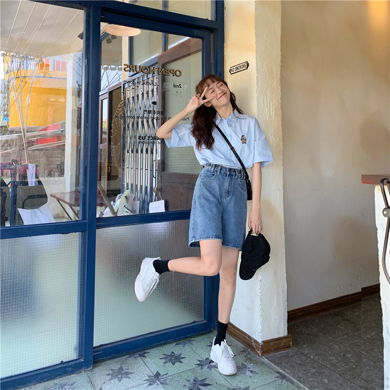 Shorts women's 2021 summer new loose small man high waist thin section wide leg casual five-point pants denim pants