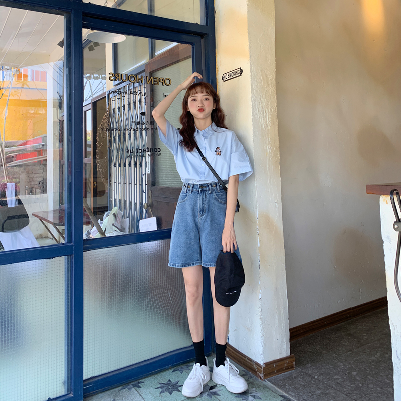 2021 summer new short-sleeved wild polo shirt female design niche blue shirt student thin top