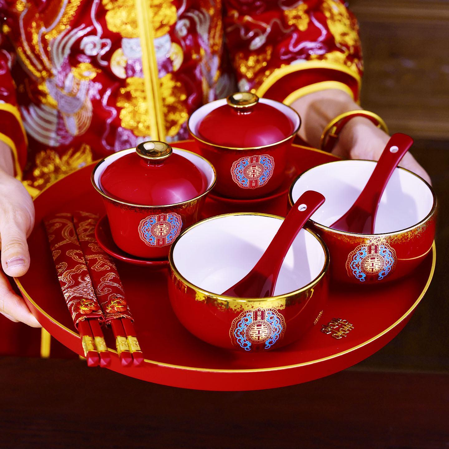 Wedding tea cup set, wedding tea set, modified tea cup, pair of wedding bowls, bowls and chopsticks, toast tea cup set