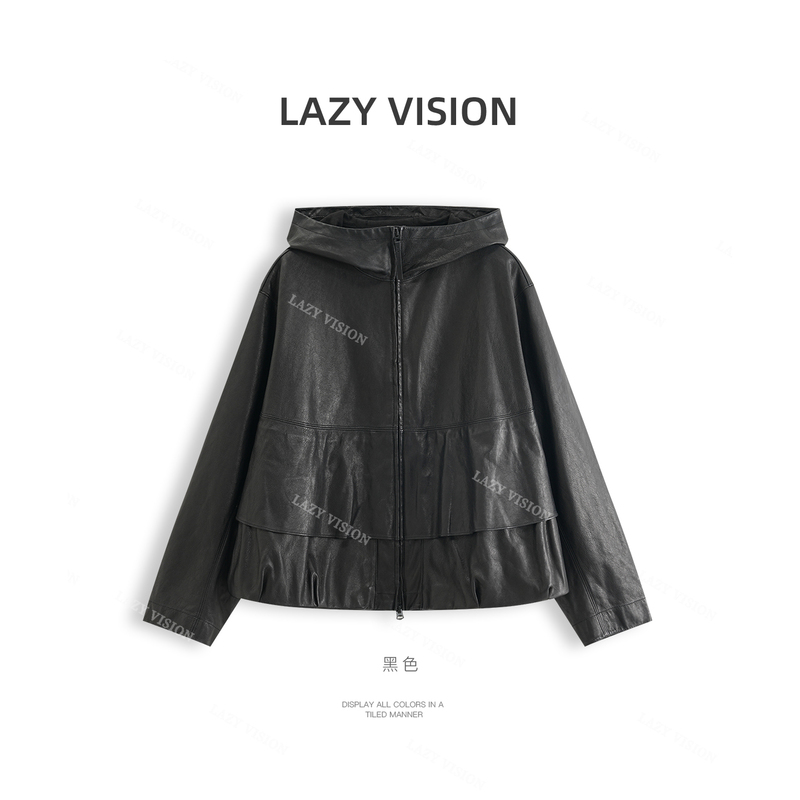 Lazyvision Textured Vegetable-Tanned Sheepskin Hooded Jacket for Women, Autumn Casual Oversized Zipper Leather Jacket 39830 Lazyvision Textured Vegetable-Tanned Sheepskin Hooded Jacket for Women, Autumn Casual Oversized Zipper Leather Jacket 39830