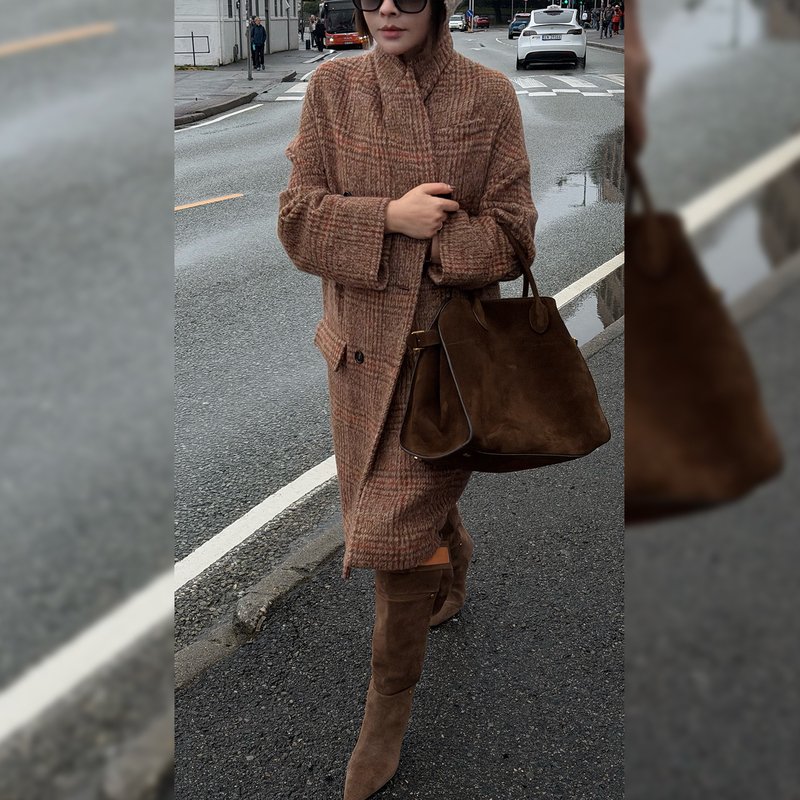 Lazyvision Custom-Dyed Plaid Alpaca Wool Coat for Women, Autumn Mid-Length Single-Sided Woolen Lapel Collar Jacket 37154