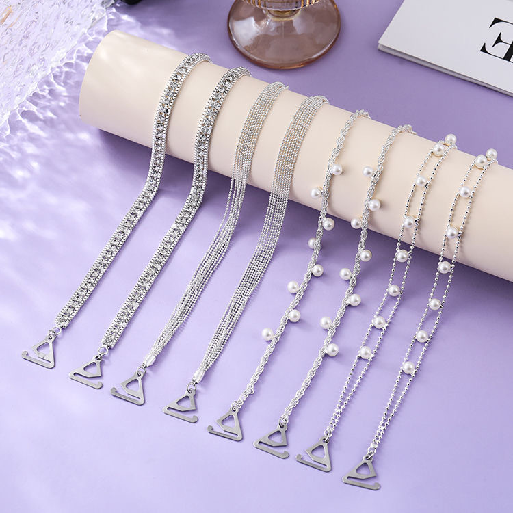 Pearl Shoulder Straps Exposed Summer Transparent Non-Slip Invisible Bra with Interchangeable Rhinestone Bra Straps Accessories