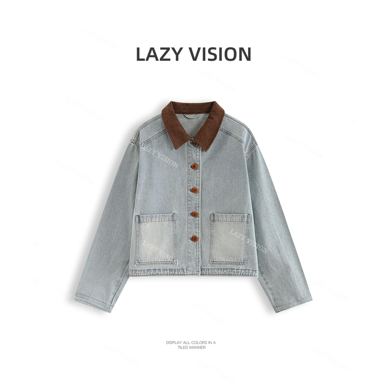 Sasha|Contrast Color Corduroy Lapel Jacket for Women, Autumn Light Blue Eco-Friendly Washed Denim Cotton Top 39547 Sasha|Contrast Color Corduroy Lapel Jacket for Women, Autumn Light Blue Eco-Friendly Washed Denim Cotton Top 39547