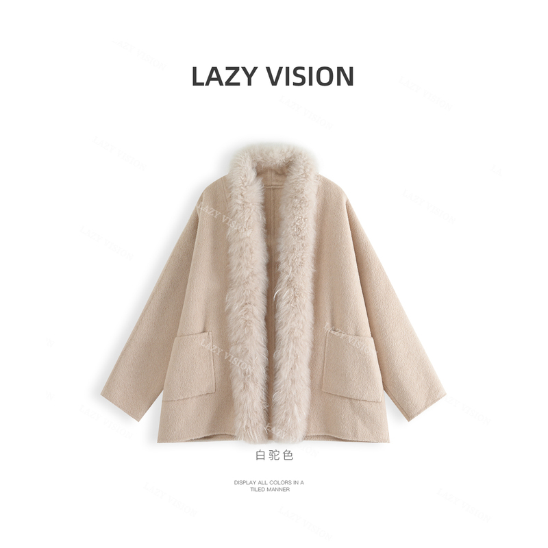 Sasa｜Pure Camel Wool Collar Double-Sided Wool Coat for Women, Autumn and Winter, Petite Silhouette, Double-Pocket Jacket 40300