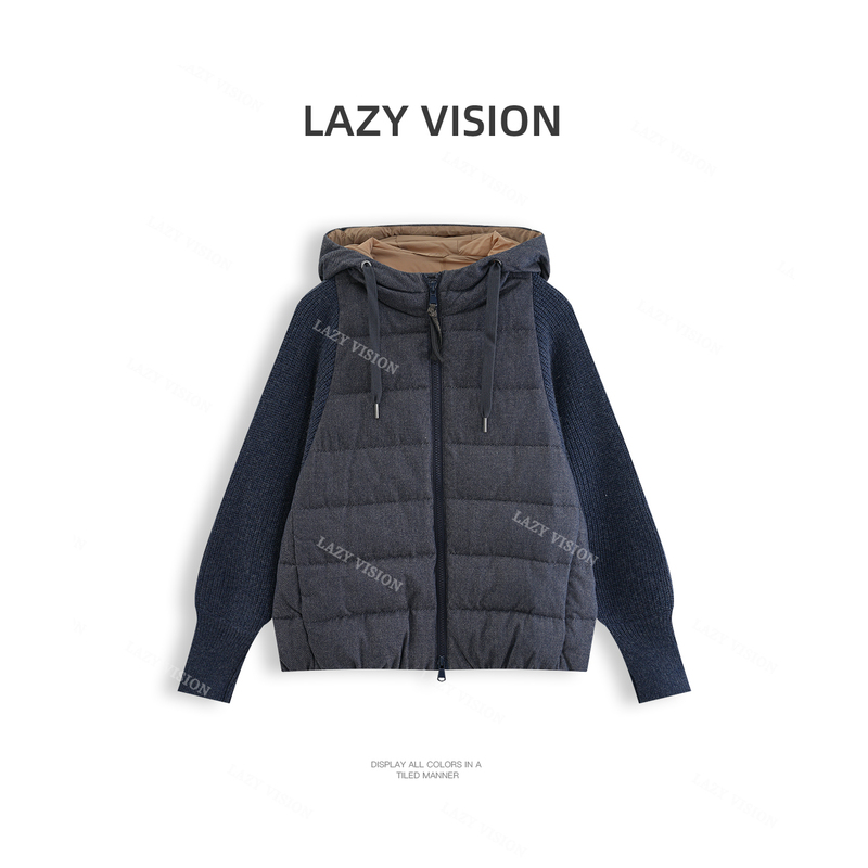 Sasha | 95% White Goose down Warm down Jacket for Women, Autumn and Winter Knitted Wool Blend with Patchwork Sleeves and Hooded Coat 39781