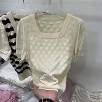 Striped short-sleeved T-shirt womens summer ice silk knitted bottoming shirt half-sleeved 2024 new short high-waisted top