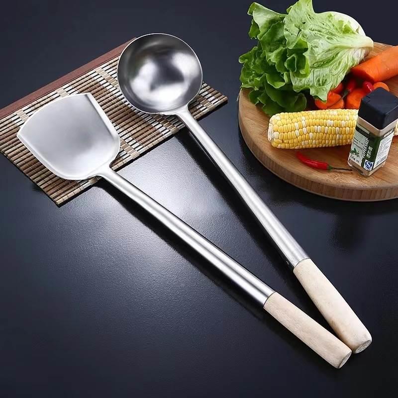 Pan Shovel Home Wood Handle Stainless Steel Kitchen Saute Spoon Soup Spoon Thickening Kitchen chef with long handle shovel Frying Vegetable Spoon Kitchen Tool-Taobao