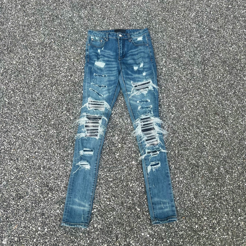 Blue Patchwork Jeans, Patch-Stitched High-Stretch Distressed Blue Jeans, Heavy-Duty Multi-Element High Street Style