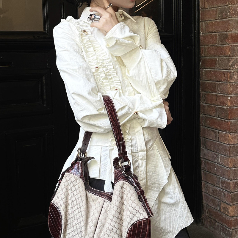 New Chinese-Style White Ruffled Shirt for Men and Women, Spring and Autumn Long-Sleeve Waist-Cinching Shirt with Irregular Design New Chinese-Style White Ruffled Shirt for Men and Women, Spring and Autumn Long-Sleeve Waist-Cinching Shirt with Irregular Design