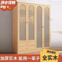 All solid wood log wardrobe home bedroom Nordic two or three door rattan wardrobe economical pine storage cabinet customization