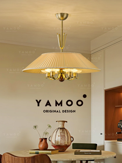 Yameng Swedish Mid-Century Style Fabric Pleated Chandelier Solid Wood South Asian Style French Retro Bedroom Study Tea Room Lighting Fixtures