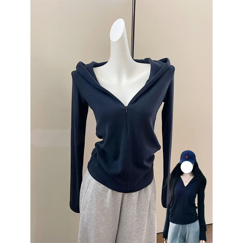 Korean-Style Casual Navy Blue V-Neck Zip-Up Hooded Sweatshirt for Women, Autumn High-End Simple Waist-Cinching Slimming Jacket Trendy