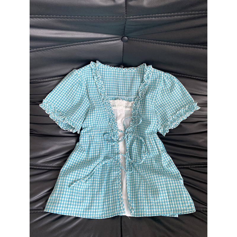 Korean-Style Sweet Mint Green Plaid Fake Two-Piece Short-Sleeved Shirt for Women, Summer Design, Slimming Lace-Up Cardigan Top