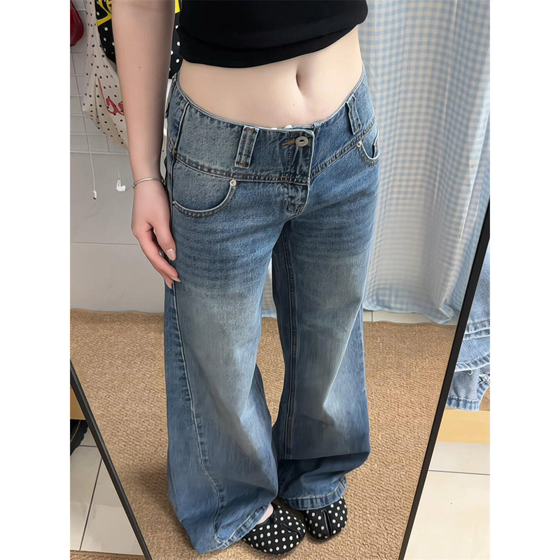 American High Street Style Low-Waist Button Blue Jeans for Women, Autumn Season, No Waistband Design, Loose Fit, Slimming Straight-Leg Pants, Trendy