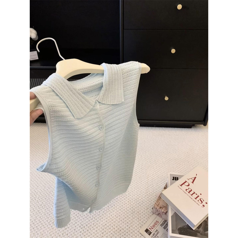Blue Hollow-Out Single-Breasted Sleeveless Lapel Knit Vest for Women, Summer 2026 New Slim-Fit High-End Top Trendy Blue Hollow-Out Single-Breasted Sleeveless Lapel Knit Vest for Women, Summer 2026 New Slim-Fit High-End Top Trendy