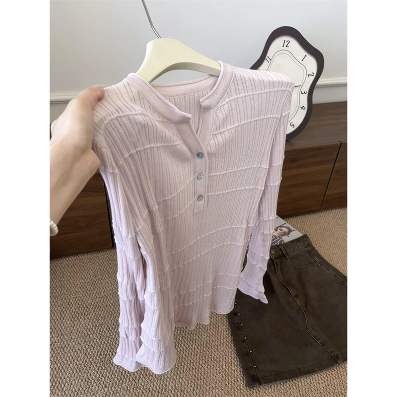 Korean-Style Chic Pink-Purple Textured Ribbed Half-Open Collar Long-Sleeve Knit Top for Women, Autumn Design, Slimming Trendy Top Korean-Style Chic Pink-Purple Textured Ribbed Half-Open Collar Long-Sleeve Knit Top for Women, Autumn Design, Slimming Trendy Top