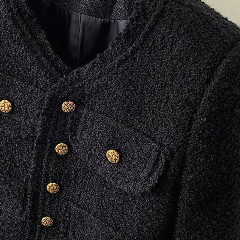 Черная короткая осенняя куртка с длинным рукавом, стиль Chanel