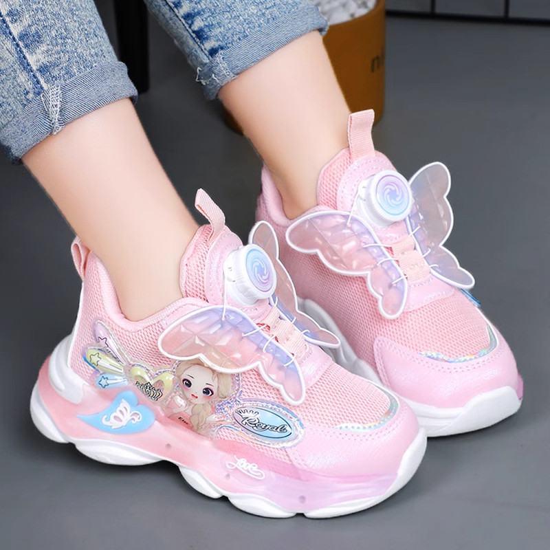 Genuine Leather Girls' Single Mesh Breathable Light-Up Shoes 2026 Spring and Summer Children's Sports Shoes with Twist Button Light-Up Flashing Mesh Shoes