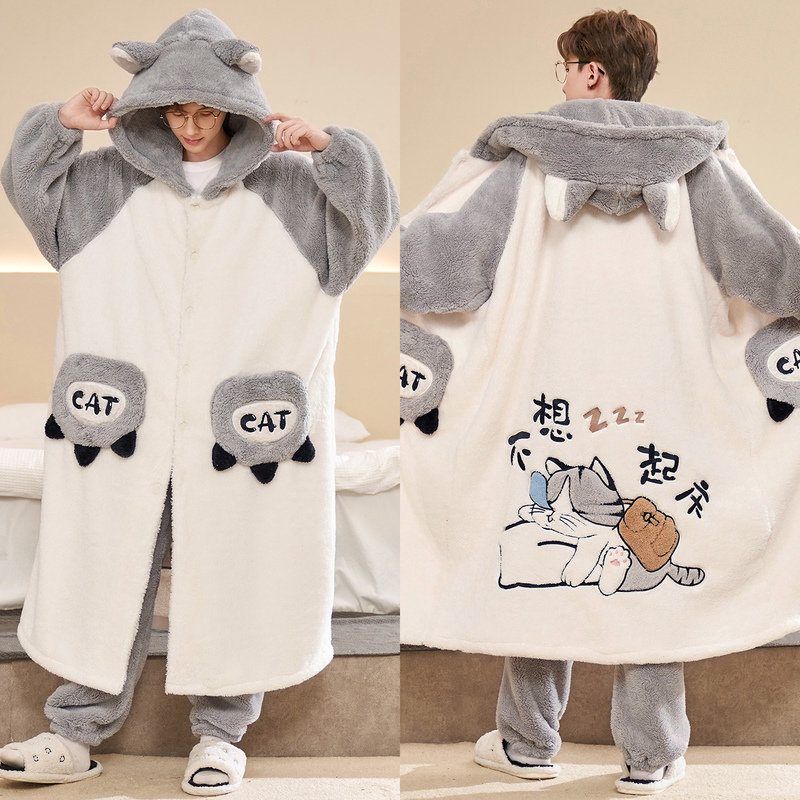 Autumn and Winter Thickened Men's Pajamas, Coral Velvet Cartoon Nightgown, Warm Fleece-Lined Hooded Bathrobe for Teenagers That Can Be Worn Outside