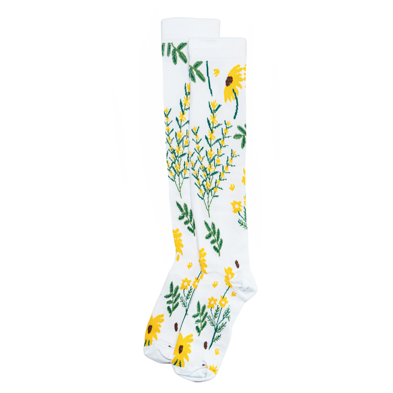 Relieve Leg Fatigue, Promote Blood Circulation, Quick-Drying Sports Long Calf Compression Socks for Women, White with Yellow Flowers