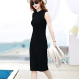 Летний базовый жилет без рукавов, высокий воротник, длина миди, облегающий крой