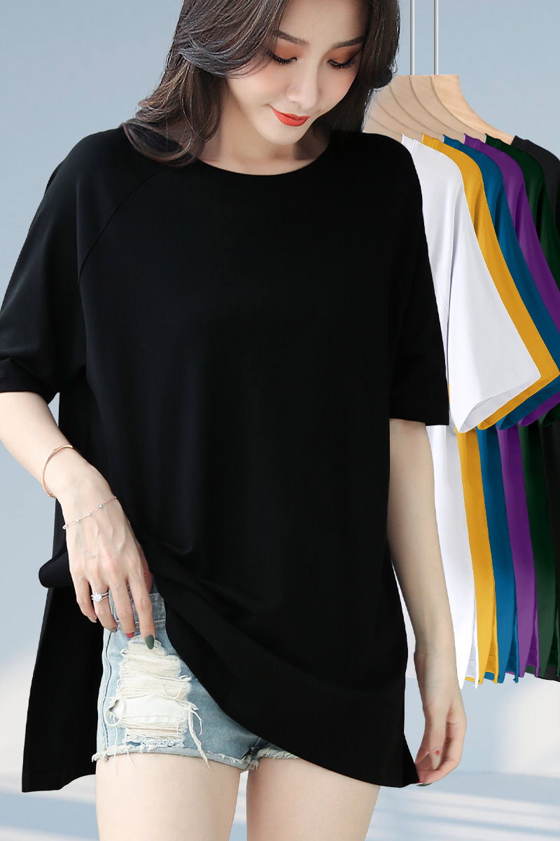 Black front short rear long downswing on two sides open fork blouses female short sleeve T-shirt loose design feeling 2022 new spring and summer