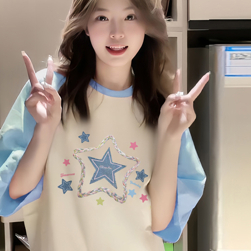 ブルーアプリコットコントラストカラーレディースTシャツ半袖2025新しいホットスタイルルーズラージサイズスターラグランスリーブサマーコットントップ