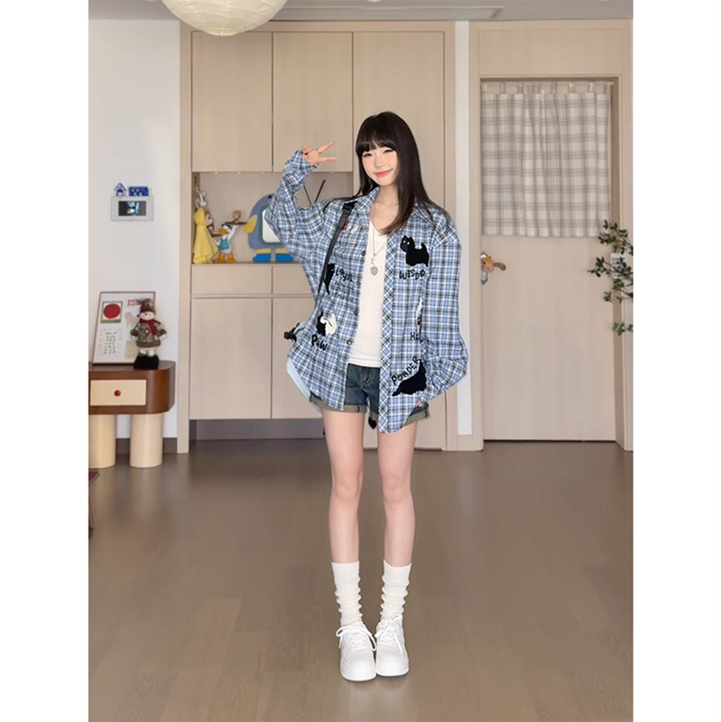American Retro Style Dog Embroidery Blue Plaid Long-Sleeve Shirt for Women, Spring Loose Design, Slimming Top Jacket American Retro Style Dog Embroidery Blue Plaid Long-Sleeve Shirt for Women, Spring Loose Design, Slimming Top Jacket