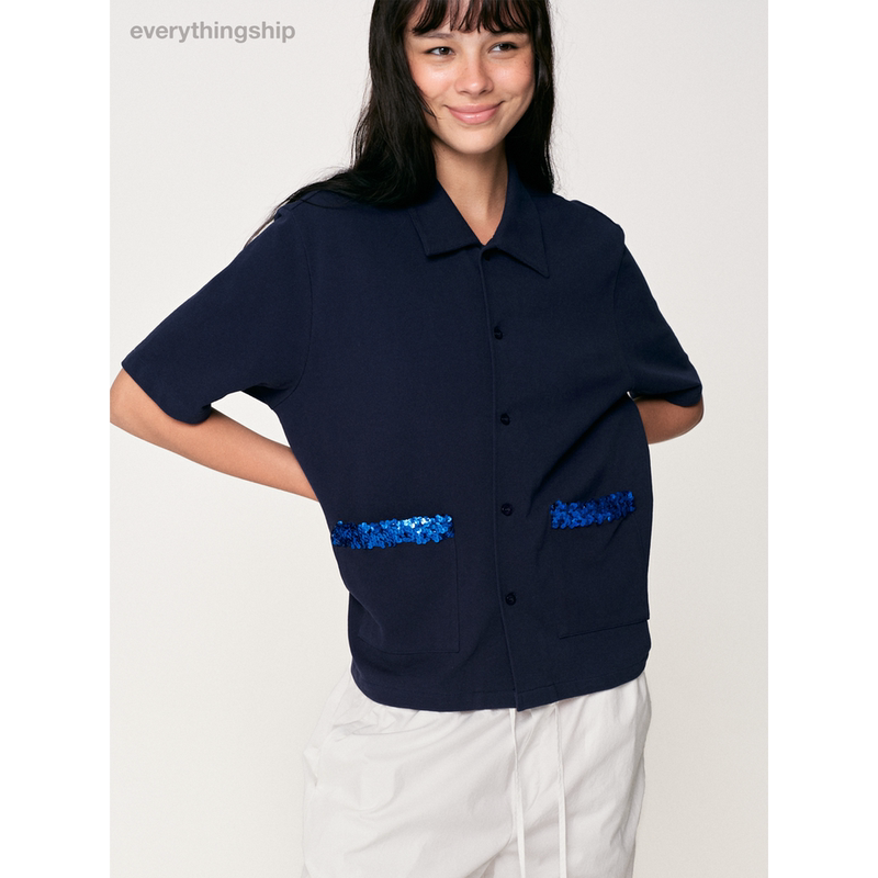 Everythingship Dream Polo Hand-Sewn Sequin-Decorated Pocket Cuban Shirt Top