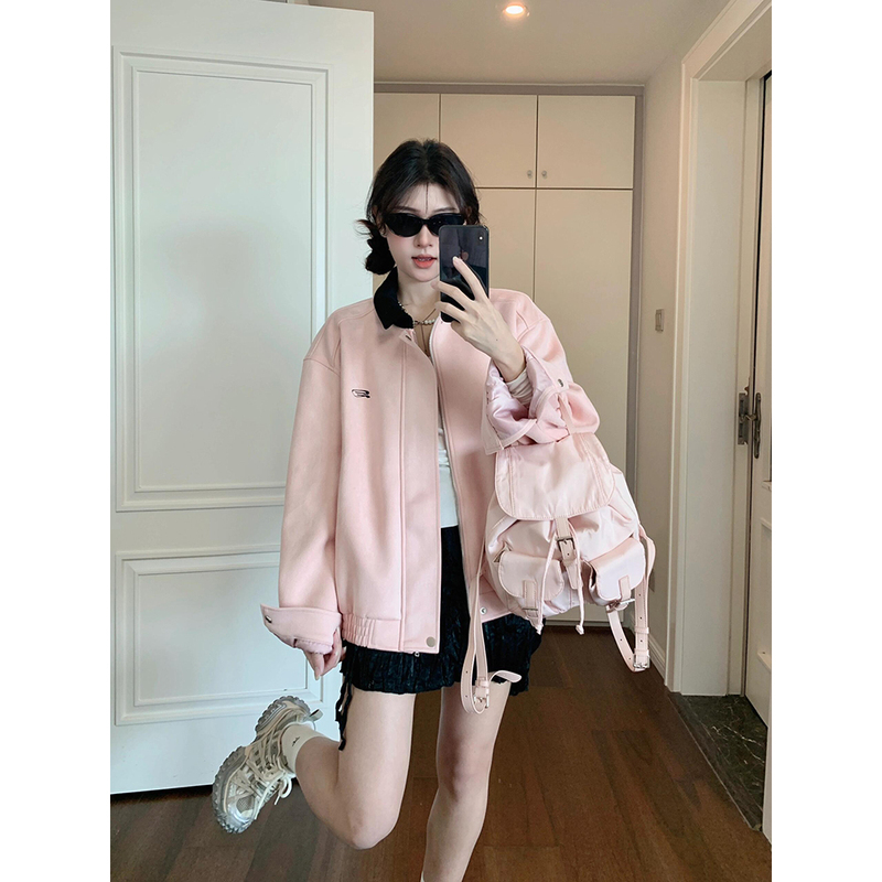 American-Style Pink Suede Jacket for Women, Spring and Autumn 2024 New High-End Workwear Baseball Jacket Pilot Jacket