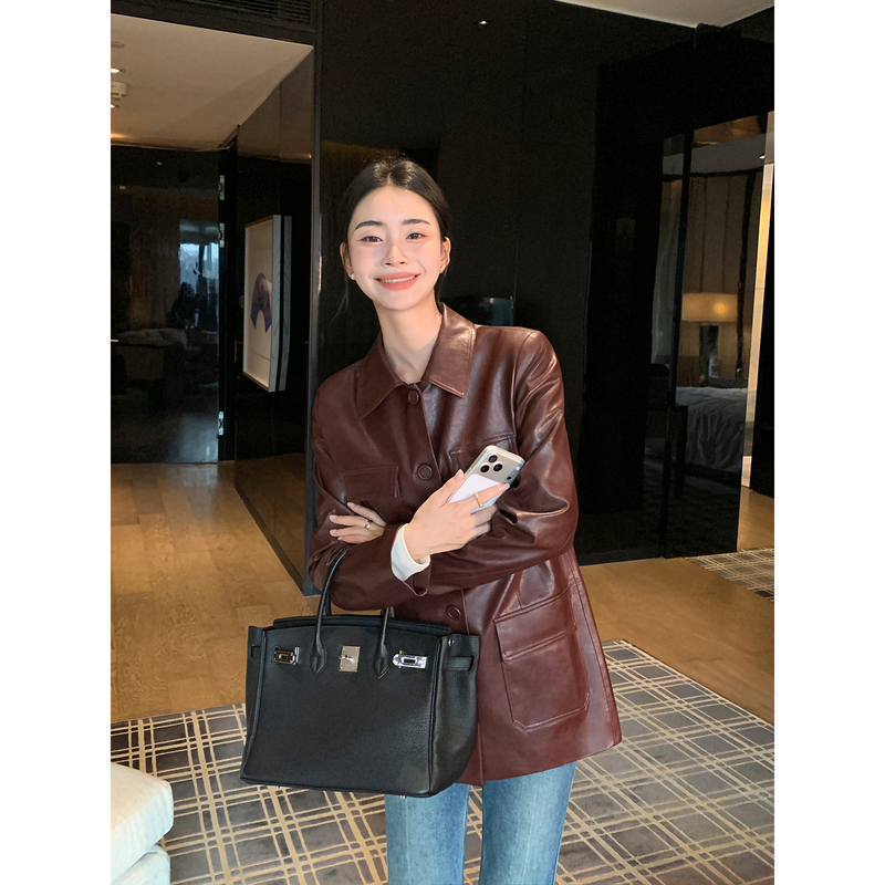 Maven Lin【In Stock 25% off 】 High-End Lapel Leather Jacket for Women, Slimming Waist Pu Leather Coat