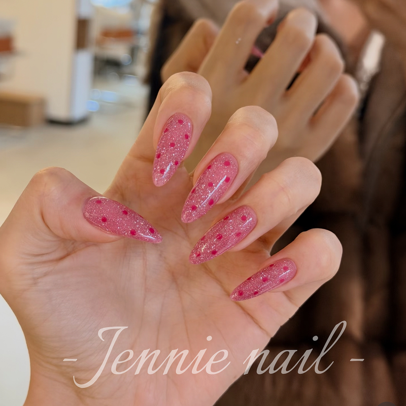 Purely Handmade Wearable Nails, Sparkling Pink Crushed Diamond Polka Dot Manicure, Super Cute and Alluring Style, Nails That Make Your Skin Look Fairer