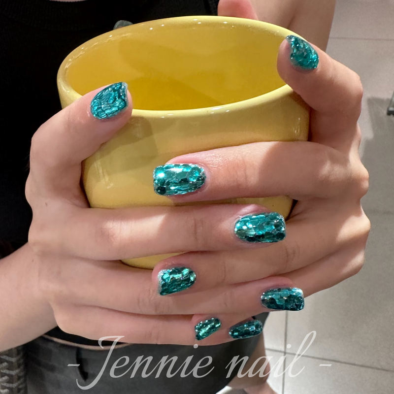 Handmade Wearable Nails, Sparkling Summer Manicure, Dazzling Peacock Blue Glitter Nails, New Style, Whitening and High-End Feel
