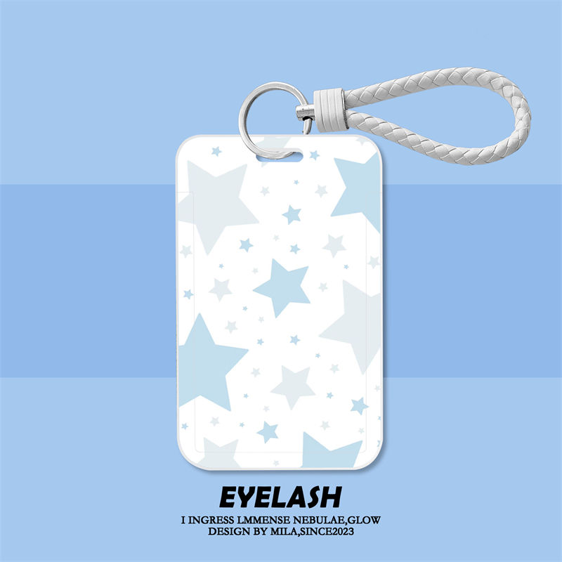 Blue polka dot student sliding card holder for meal cards, bus cards, ID cards, and access control; suitable for women.