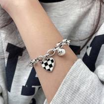 Korean s925 sterling silver double buckle checkerboard love bracelet for women ins trendy niche design light luxury exquisite high-end sense