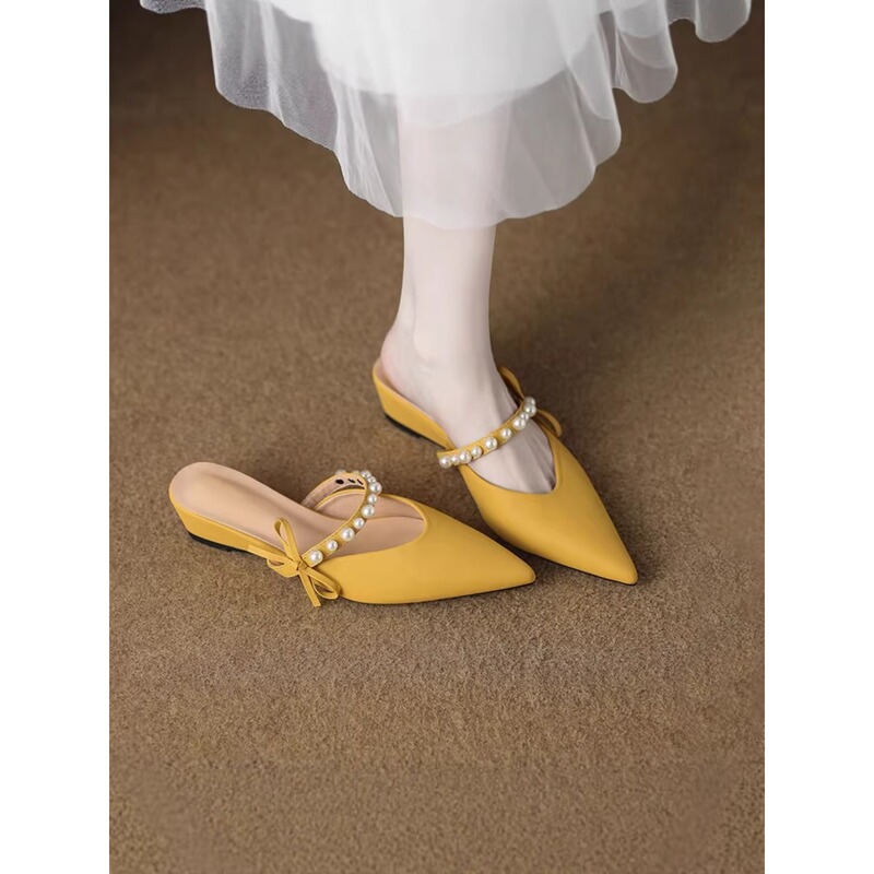 Women's Summer 2026 New Style Open-Toe Sandals with Hidden Height Increase, Perfect for Pairing with Dresses, Comfortable and Beautiful, Beaded Pointed-Toe Mules