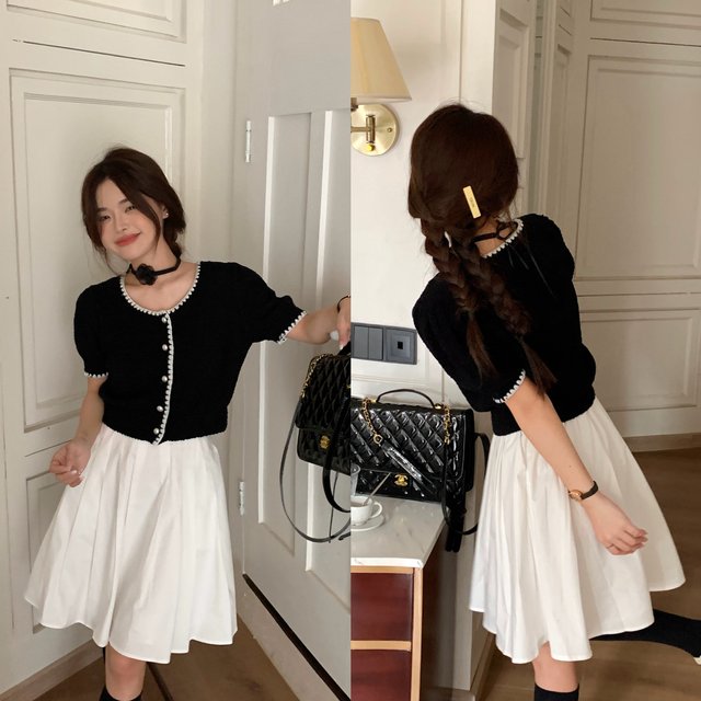 Fan Wenwen Cream Puff Skirt A-Line White Pleated Skirt Women's Summer Sweet Short Skirt for Little People