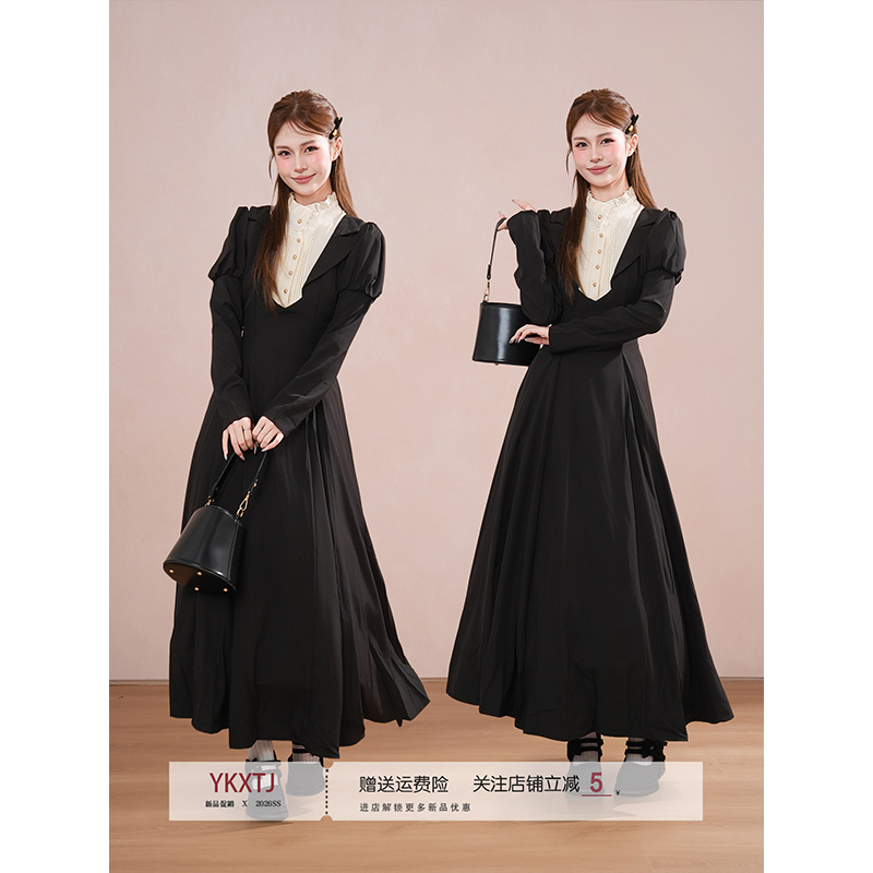 Black Puff Sleeve Stand Collar Long Sleeve Dress for Women Early Autumn Lolita Maid Dark Gothic Nun Style Waist-Cinching Long Dress