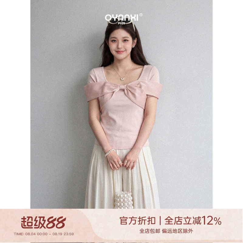 Ouyang Xiwei's Slightly Chubby Style, the "Zhi Zhi Xue Fu" Plus-Size Pink Bow Short-Sleeve T-Shirt for Women, Summer Simple Slim-Fit Top Ouyang Xiwei's Slightly Chubby Style, the "Zhi Zhi Xue Fu" Plus-Size Pink Bow Short-Sleeve T-Shirt for Women, Summer Simple Slim-Fit Top