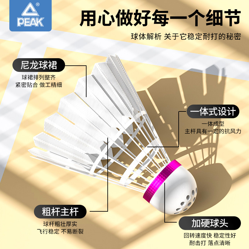 Peak Simulated Nylon Badminton Balls, Genuine and Durable, Pack of 12, Windproof, for Competition and Training, Indoor and Outdoor Use