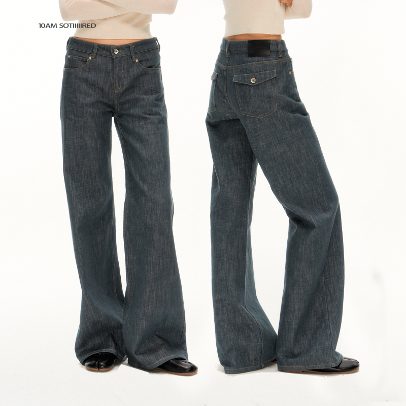 10Am Lake Green Vintage Distressed Mid-Low Waist Straight-Leg Jeans All-Season Long Pants Autumn and Winter Slim Fit