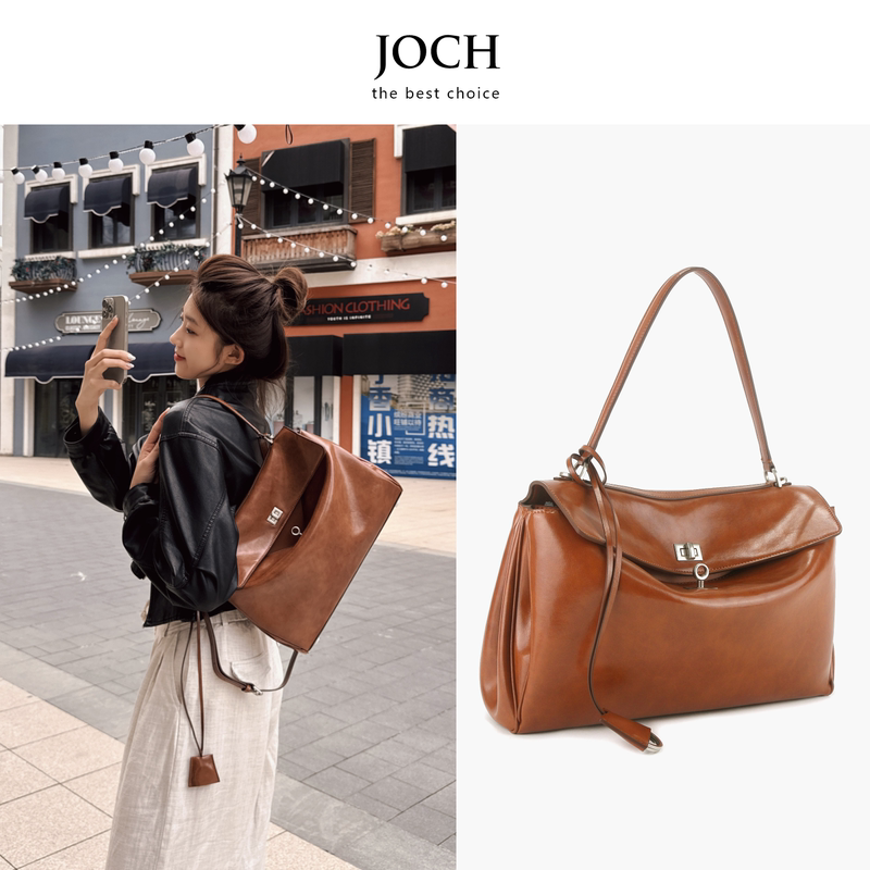 Joch New! Vintage Brown Oil Wax Top Layer Cowhide Trendy Lock Tote Bag Kelly Bag Genuine Leather Shoulder Underarm Women's Bag