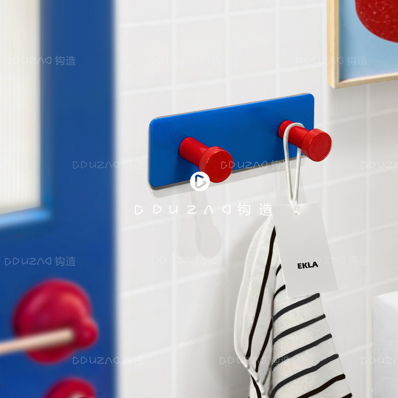 Gouzao No-Drill Red and Blue Hook Dopamine Bathroom Adhesive Towel Rack Decorative Double Hook
