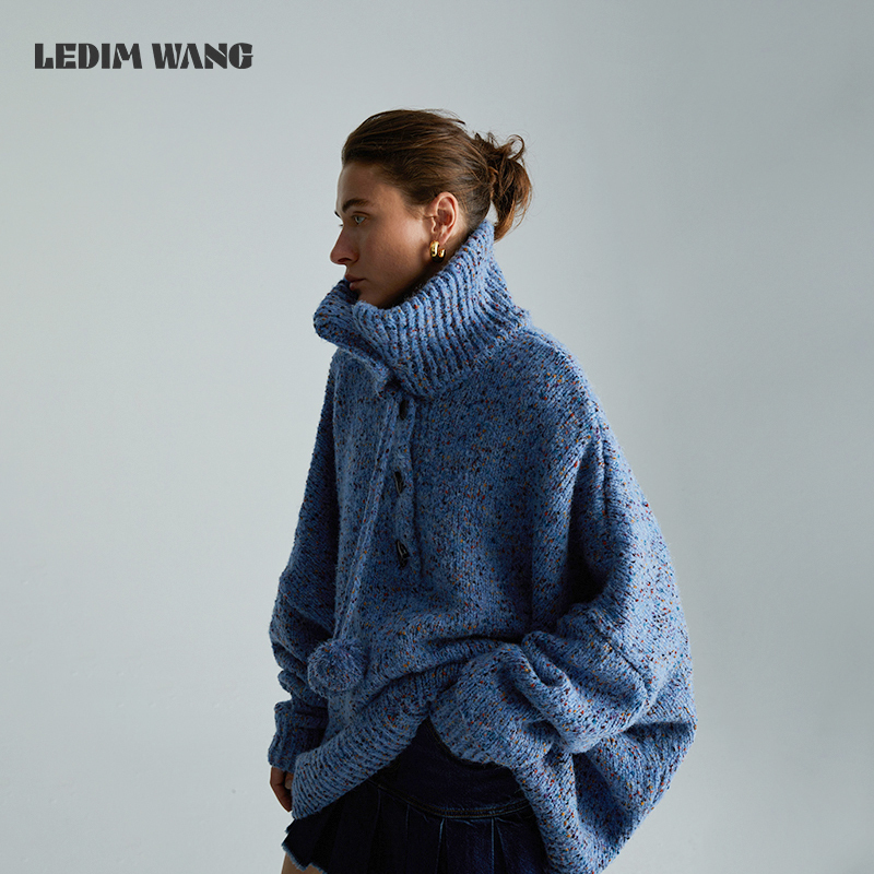 [Celebrity Style] Ledim Wang Floral Yarn Wide-Cut Pullover Blue Sweater for Women, New Winter Style, Lazy Style