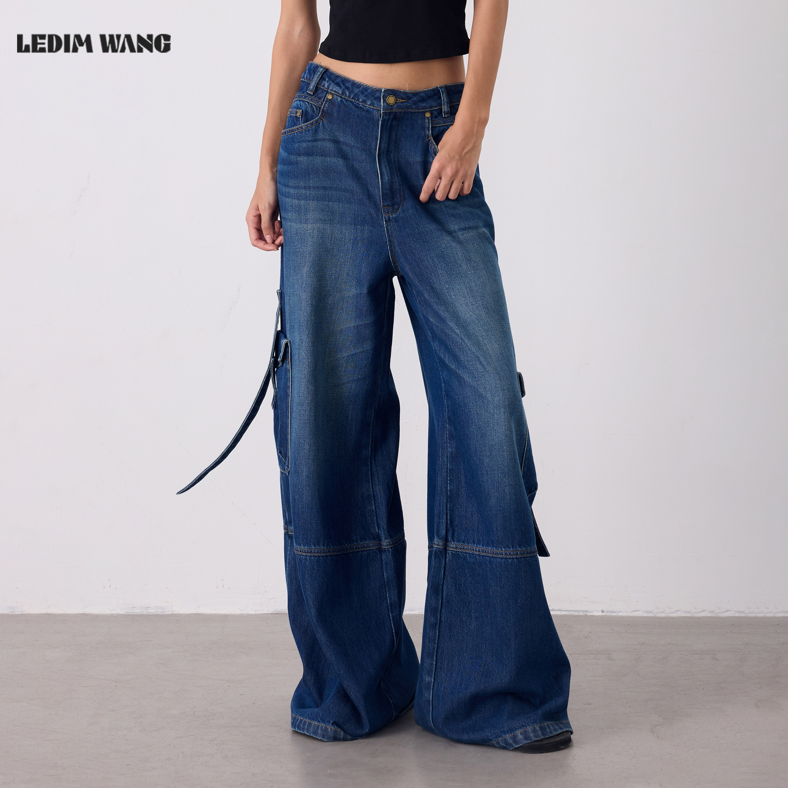 【明星同款】LEDIM WANG机能风工装牛仔裤女复古宽松长裤26夏新款