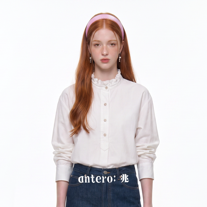 Original Design Shirt, French Style, Simple and Luxurious, Long-Sleeved Spring and Summer Lotus Leaf Stand-Collar Shirt