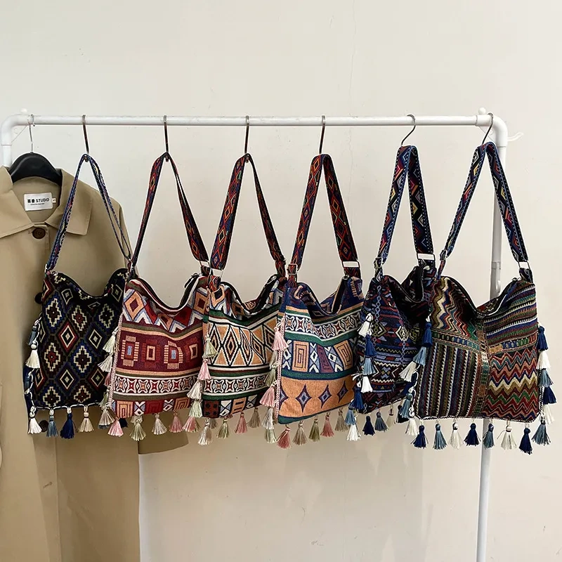 Bohemian Tassel Bag Large Capacity Ethnic Style Hand-Held Tote Bag ins Single Shoulder Crossbody Bag for Women