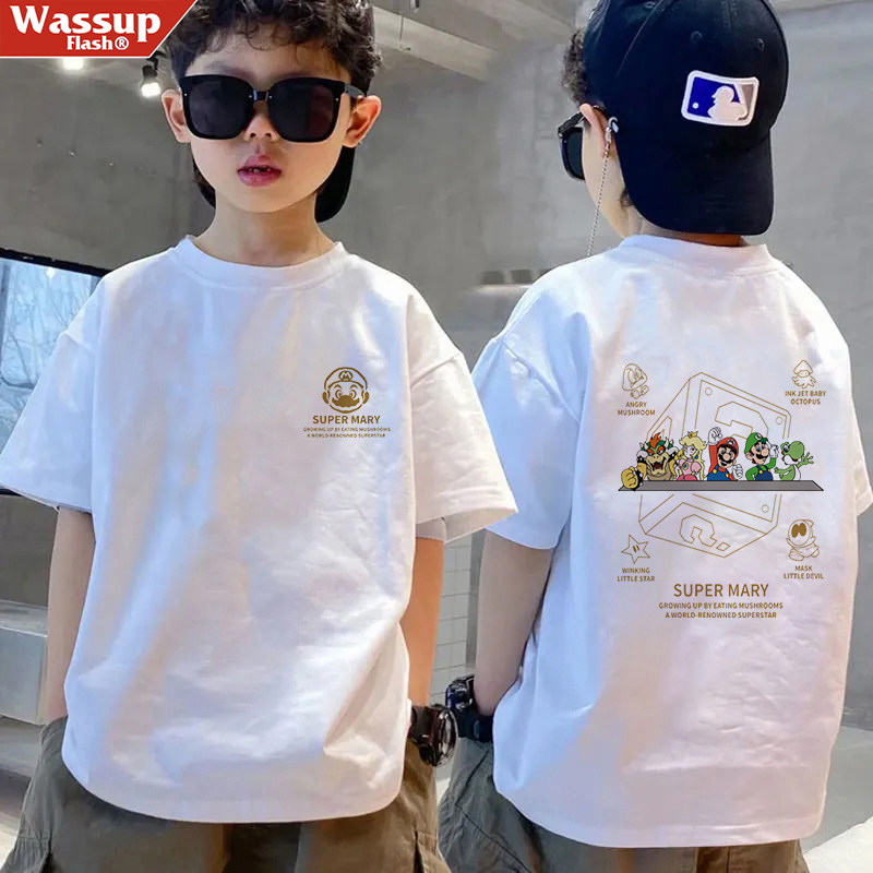 WASSUPコラボレーション 子供用 夏物 男の子用 半袖Tシャツ 2026年夏新作 純綿 ゆったり半袖トップス トレンディなTシャツ