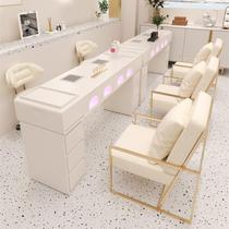 China Beauty Industry Cream Style Nail Art Table and Chair Set Combination with Baking Lamp Vacuum Cleaner Socket Manicure Table Leather Manufacturer